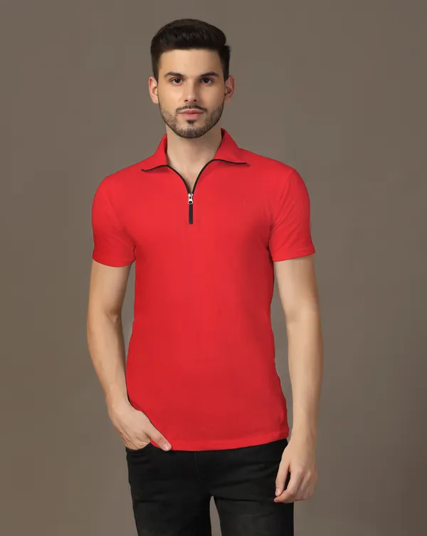 Red_Cotton_Blend_Polo_Neck_Half_Sleeve_T_Shirt_For_Men