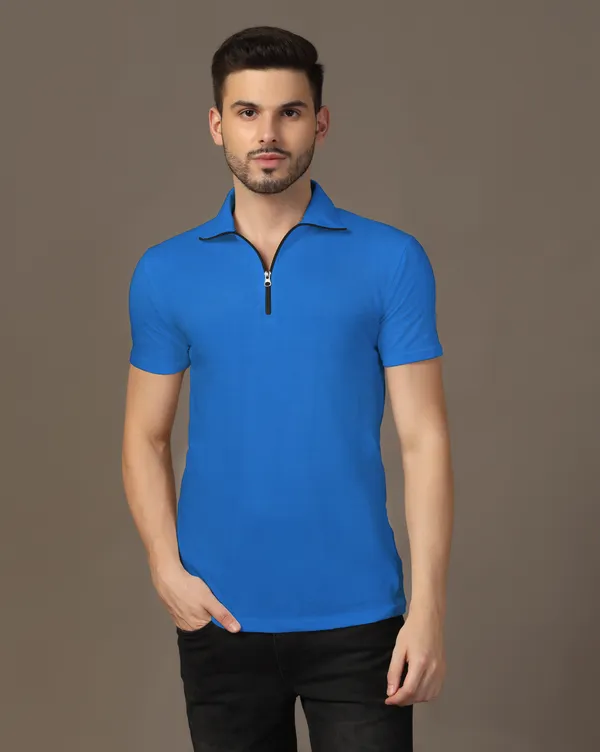 Blue_Cotton_Blend_Polo_Neck_Half_Sleeve_T_Shirt_For_Men