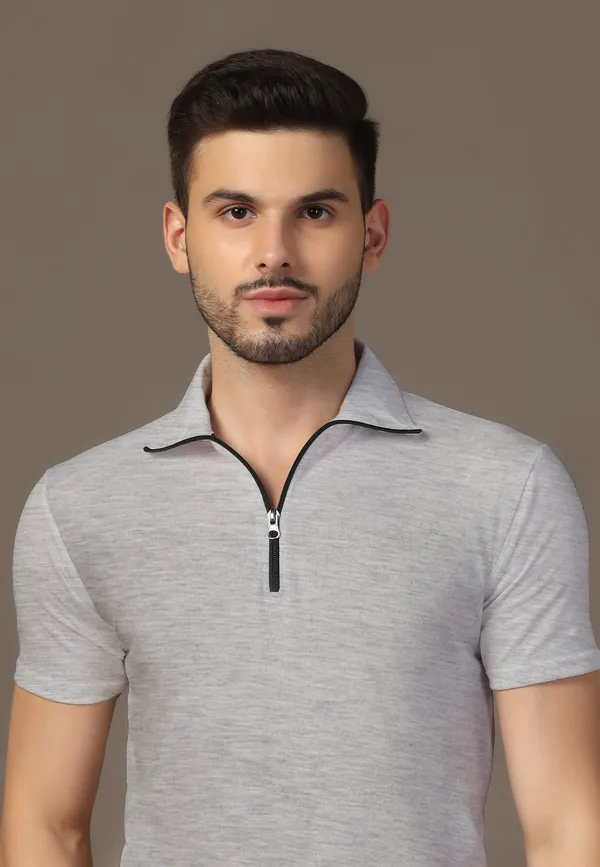 Silver_Cotton_Blend_Polo_Neck_Half_Sleeve_T-Shirt_For_Men