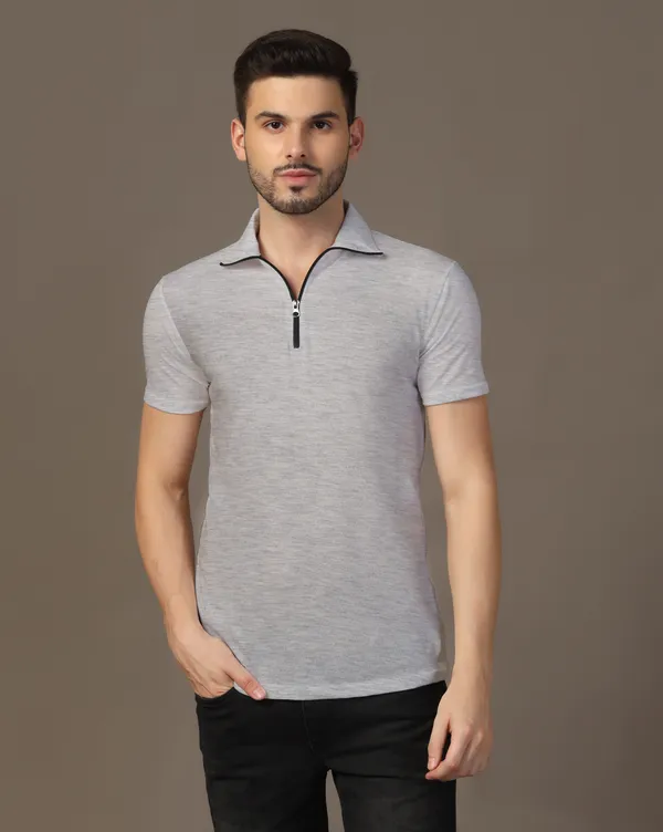Silver_Cotton_Blend_Polo_Neck_Half_Sleeve_T-Shirt_For_Men