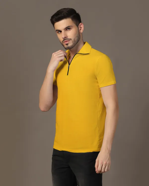 Yellow_Cotton_Blend_Polo_Neck_Half_Sleeve_T_Shirt_For_Men
