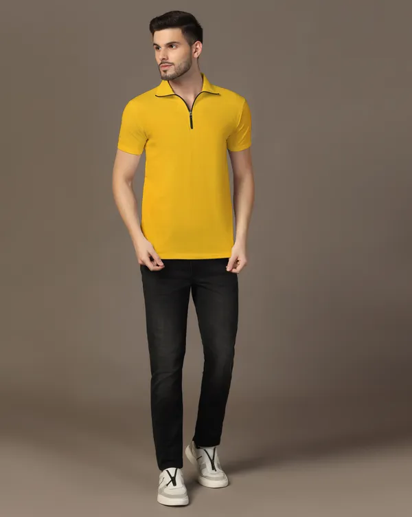 Yellow_Cotton_Blend_Polo_Neck_Half_Sleeve_T_Shirt_For_Men