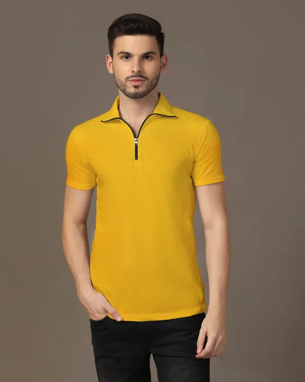 Yellow_Cotton_Blend_Polo_Neck_Half_Sleeve_T_Shirt_For_Men