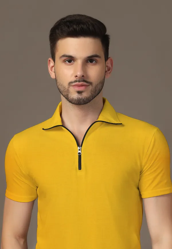 Yellow_Cotton_Blend_Polo_Neck_Half_Sleeve_T_Shirt_For_Men