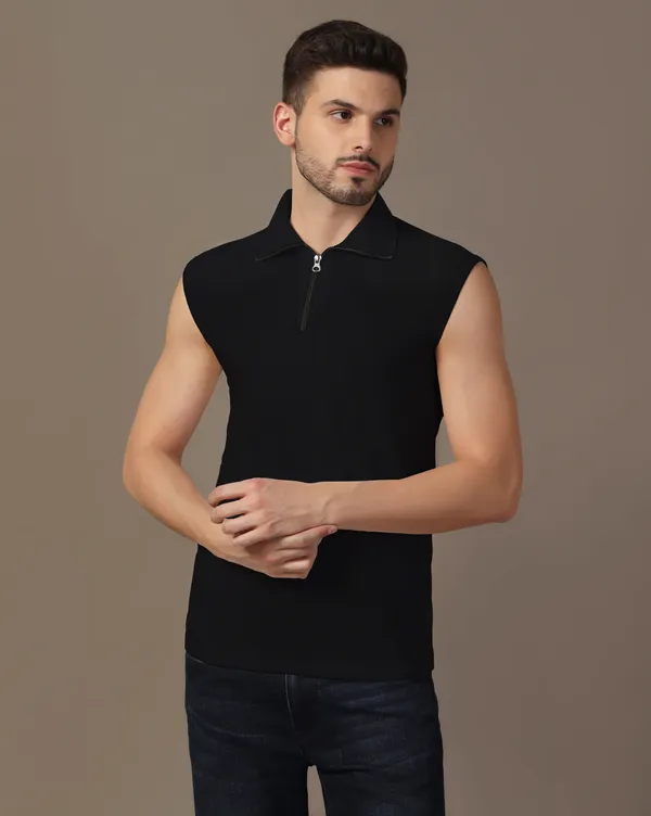 Black_Cotton_Blend_Polo_Neck_Sleeveless_T_Shirt_For_Men
