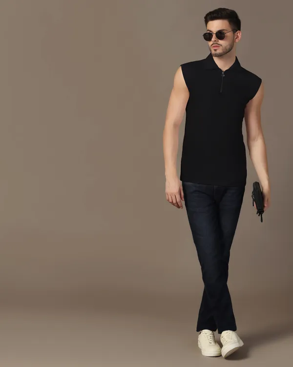 Black_Cotton_Blend_Polo_Neck_Sleeveless_T_Shirt_For_Men