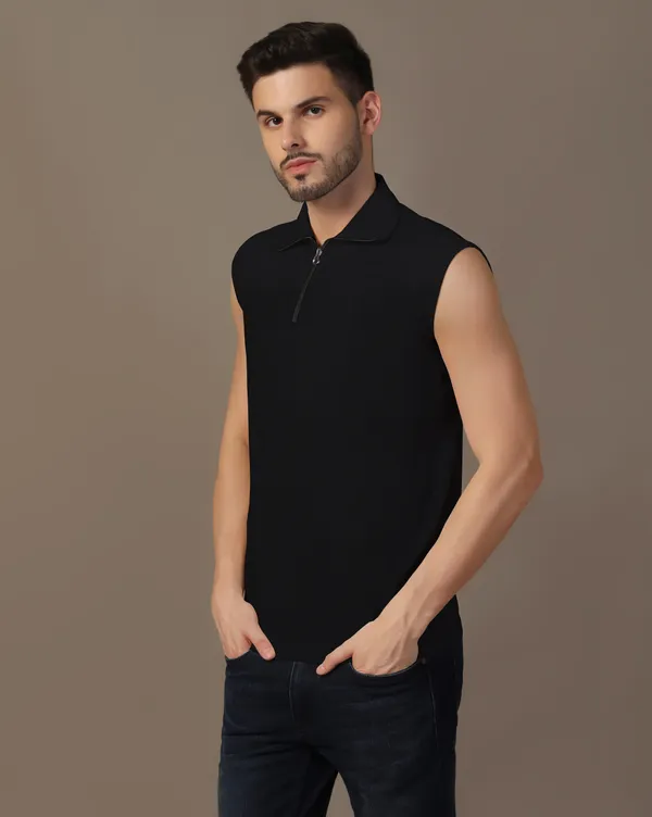 Black_Cotton_Blend_Polo_Neck_Sleeveless_T_Shirt_For_Men