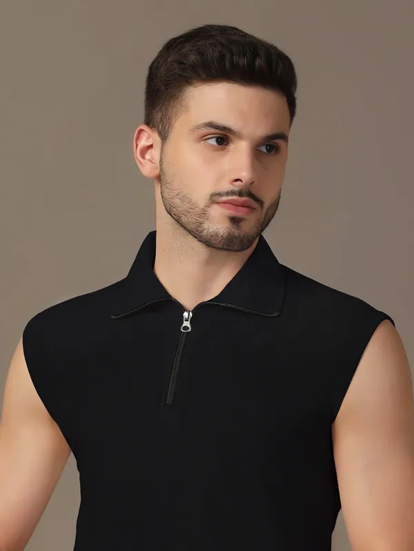 Black_Cotton_Blend_Polo_Neck_Sleeveless_T_Shirt_For_Men