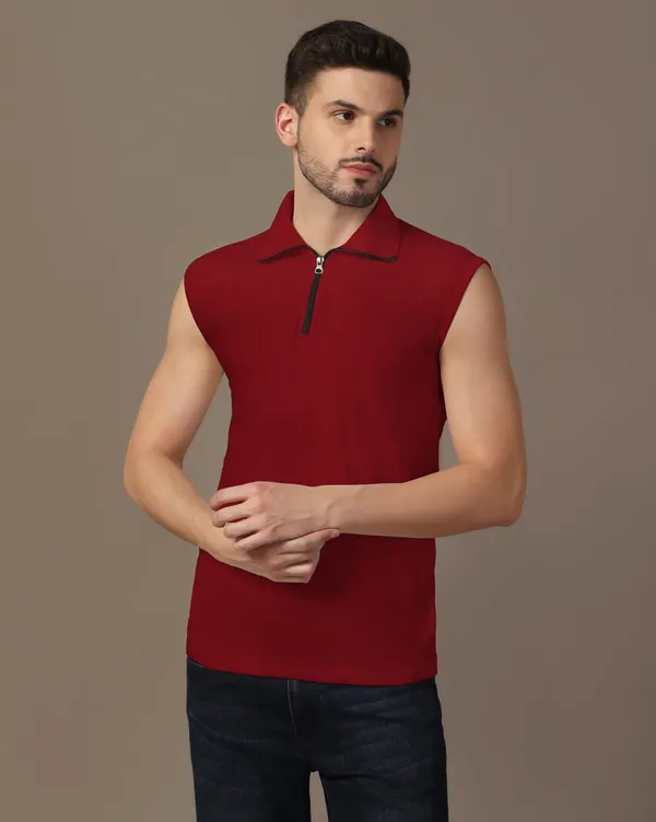 Maroon_Cotton_Blend_Polo_Neck_Sleeveless_T_Shirt_For_Men