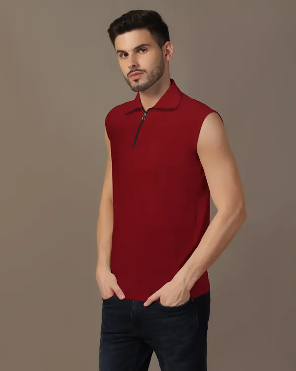 Maroon_Cotton_Blend_Polo_Neck_Sleeveless_T_Shirt_For_Men