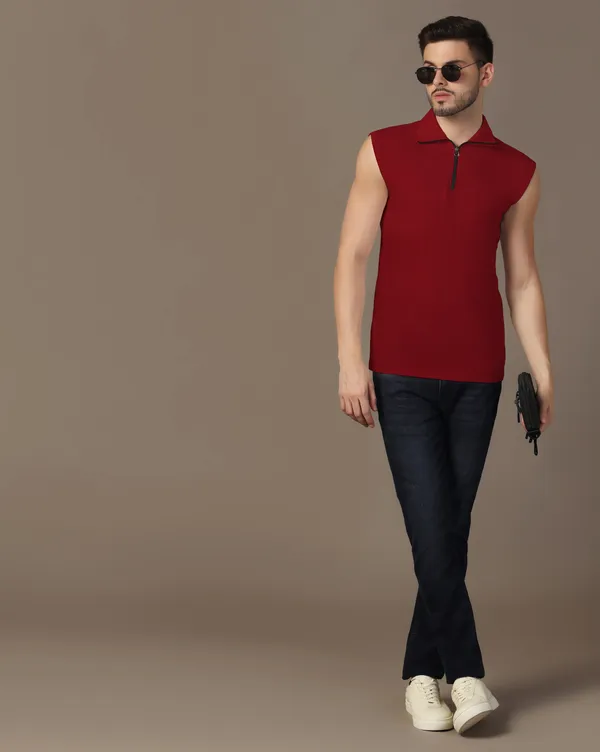 Maroon_Cotton_Blend_Polo_Neck_Sleeveless_T_Shirt_For_Men