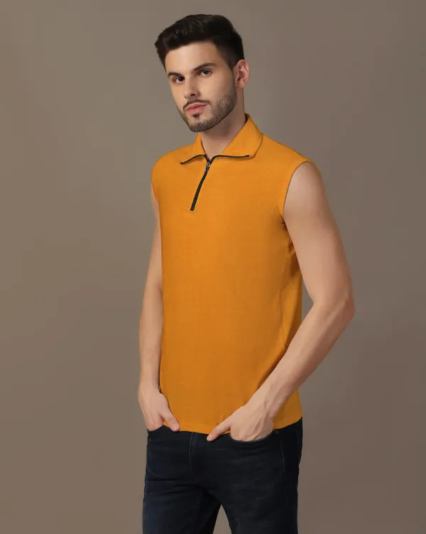 Mustard_Cotton_Blend_Polo_Neck_Sleeveless_T_Shirt_For_Men