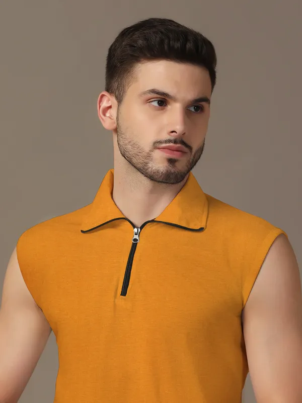 Mustard_Cotton_Blend_Polo_Neck_Sleeveless_T_Shirt_For_Men