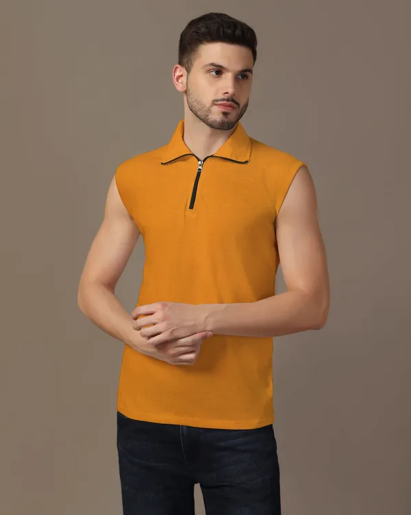 Mustard_Cotton_Blend_Polo_Neck_Sleeveless_T_Shirt_For_Men