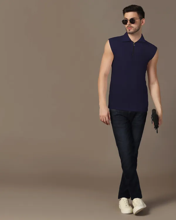 Dark_Blue_Cotton_Blend_Polo_Neck_Sleeveless_T_Shirt_For_Men