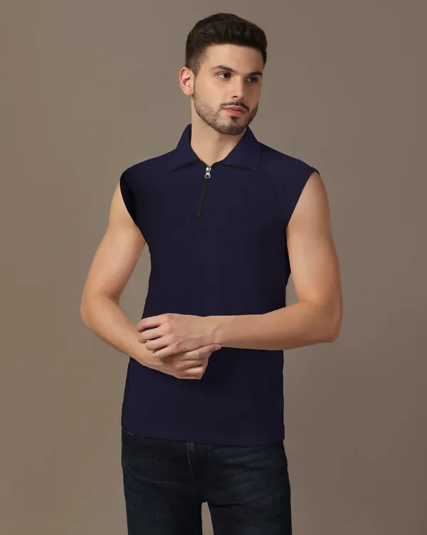 Dark_Blue_Cotton_Blend_Polo_Neck_Sleeveless_T_Shirt_For_Men