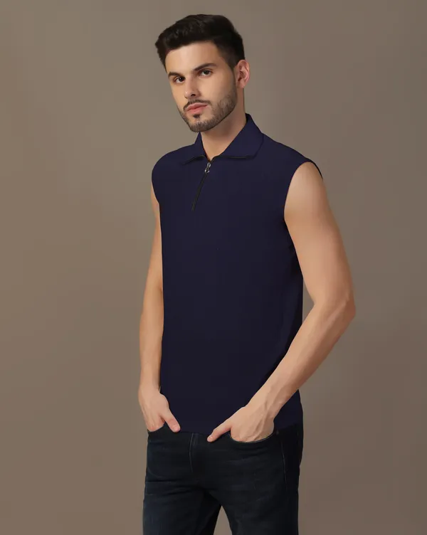 Dark_Blue_Cotton_Blend_Polo_Neck_Sleeveless_T_Shirt_For_Men