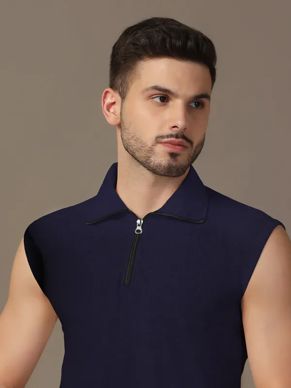 Dark_Blue_Cotton_Blend_Polo_Neck_Sleeveless_T_Shirt_For_Men