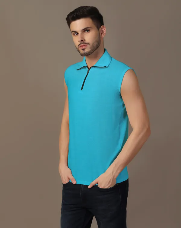 Turquoise_Cotton_Blend_Polo_Neck_Sleeveless_T_Shirt_For_Men