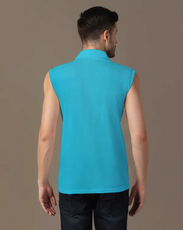 Turquoise_Cotton_Blend_Polo_Neck_Sleeveless_T_Shirt_For_Men