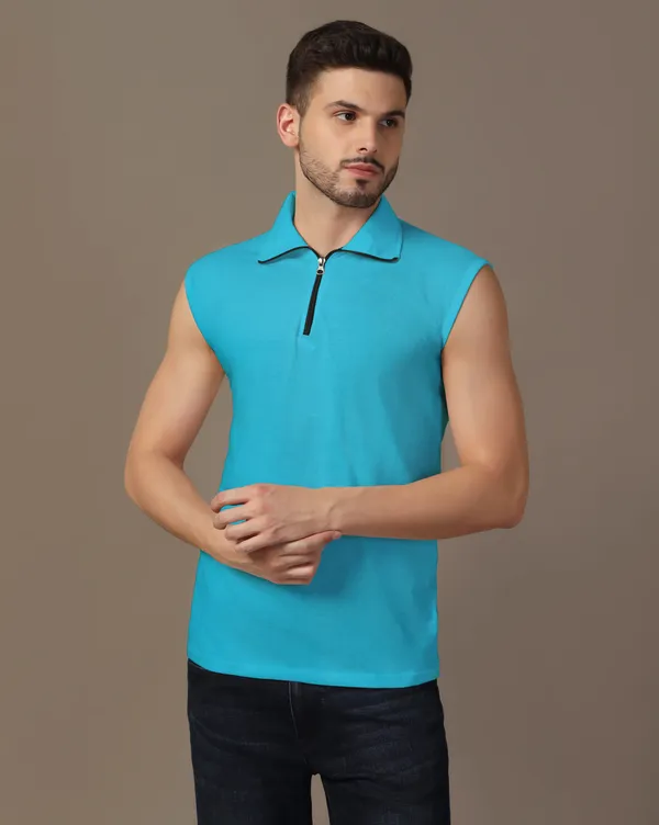 Turquoise_Cotton_Blend_Polo_Neck_Sleeveless_T_Shirt_For_Men