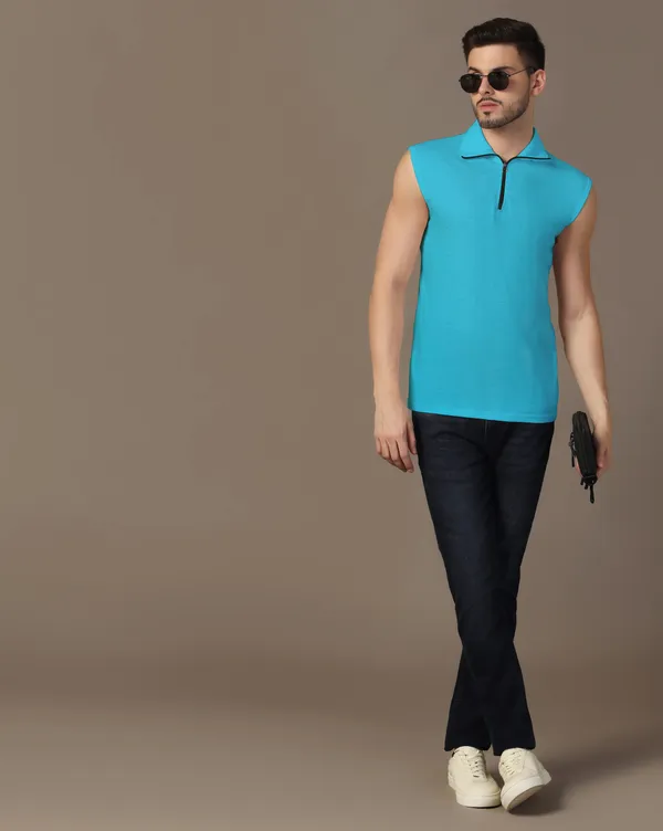 Turquoise_Cotton_Blend_Polo_Neck_Sleeveless_T_Shirt_For_Men
