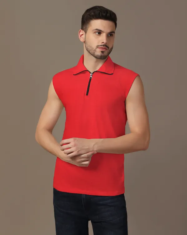 Red_Cotton_Blend_Polo_Neck_Sleeveless_T_Shirt_For_Men