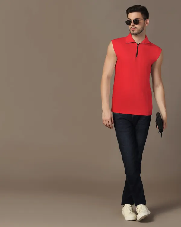 Red_Cotton_Blend_Polo_Neck_Sleeveless_T_Shirt_For_Men