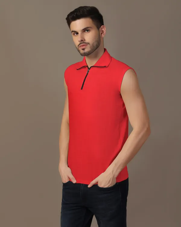 Red_Cotton_Blend_Polo_Neck_Sleeveless_T_Shirt_For_Men
