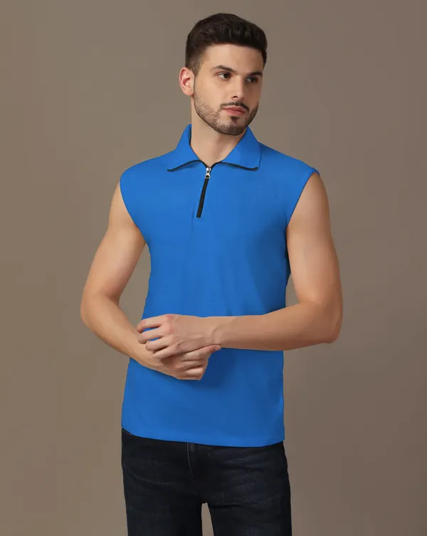 Blue_Cotton_Blend_Polo_Neck_Sleeveless_T_Shirt_For_Men