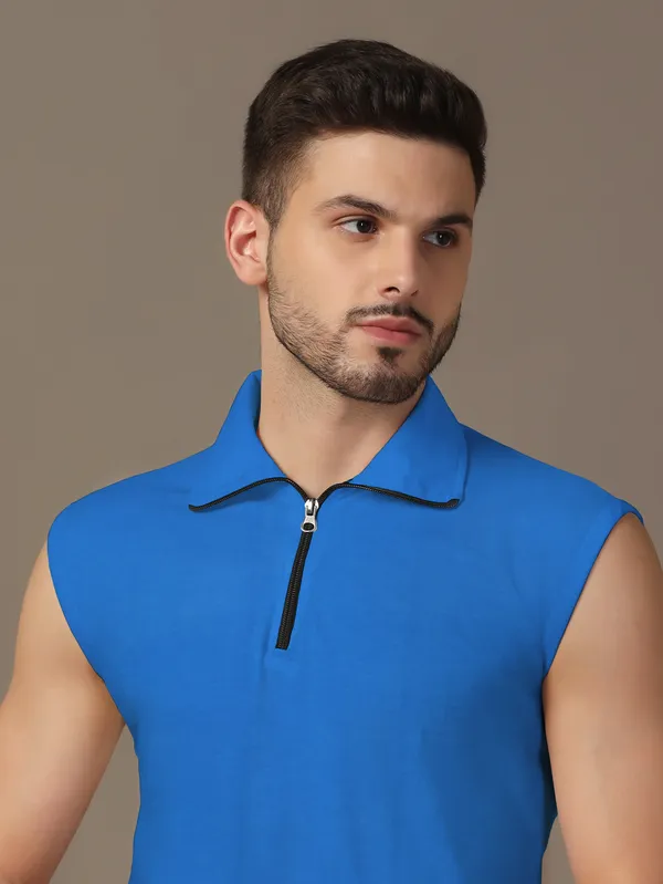 Blue_Cotton_Blend_Polo_Neck_Sleeveless_T_Shirt_For_Men