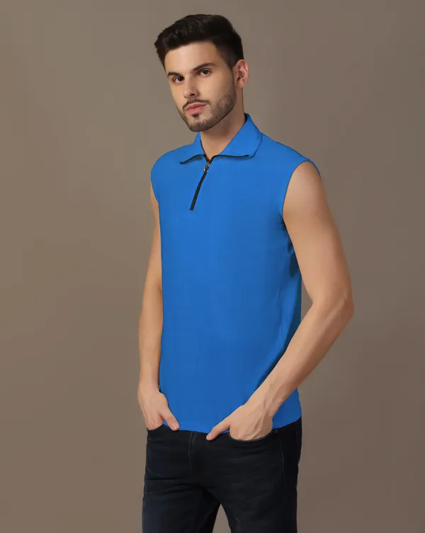 Blue_Cotton_Blend_Polo_Neck_Sleeveless_T_Shirt_For_Men