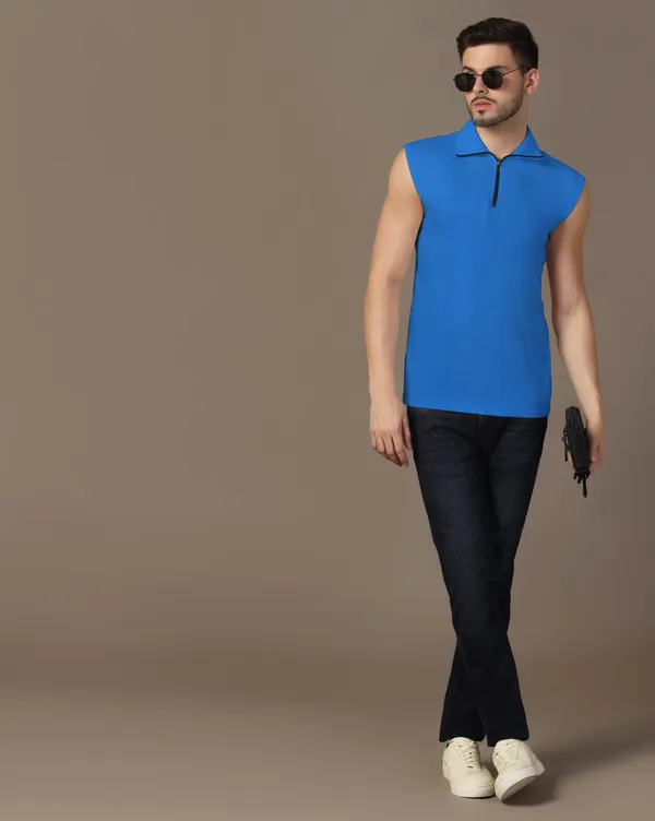 Blue_Cotton_Blend_Polo_Neck_Sleeveless_T_Shirt_For_Men