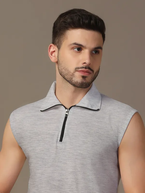 Silver_Cotton_Blend_Polo_Neck_Sleeveless_T_Shirt_For_Men