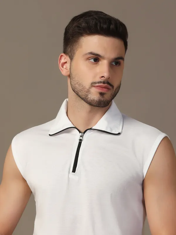 White_Cotton_Blend_Polo_Neck_Sleeveless_T_Shirt_For_Men