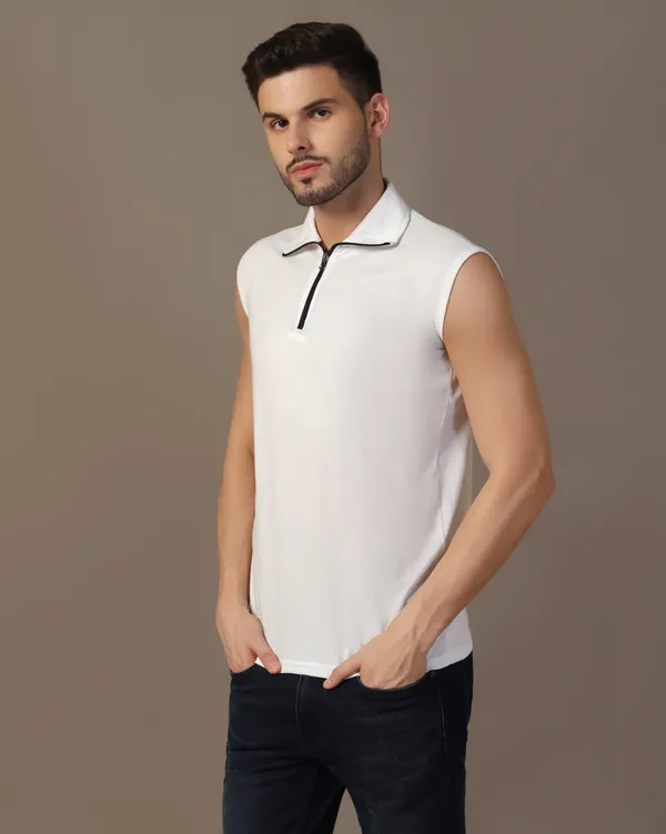 White_Cotton_Blend_Polo_Neck_Sleeveless_T_Shirt_For_Men