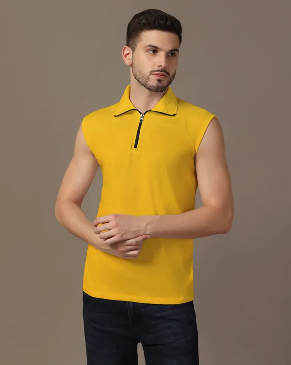 Yellow_Cotton_Blend_Polo_Neck_Sleeveless_T_Shirt_For_Men