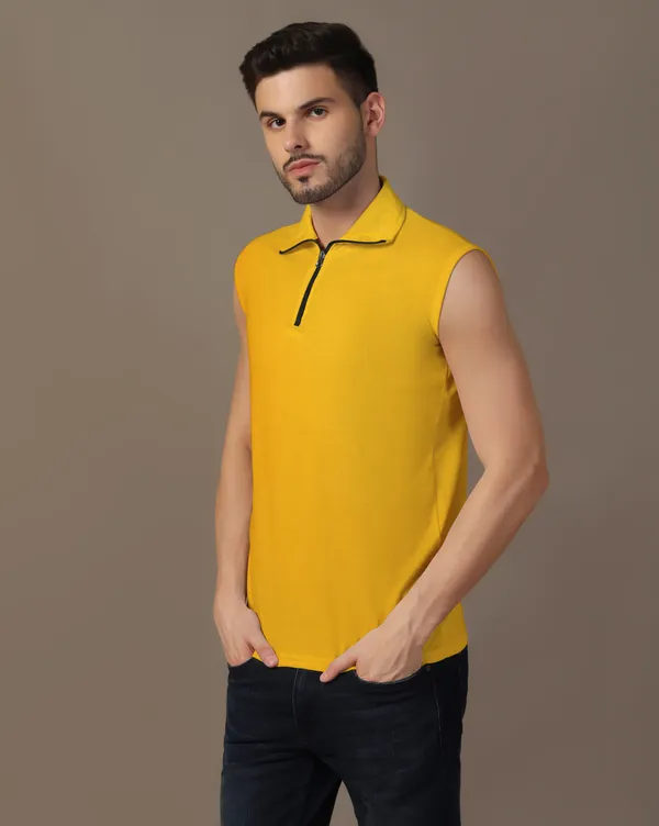 Yellow_Cotton_Blend_Polo_Neck_Sleeveless_T_Shirt_For_Men