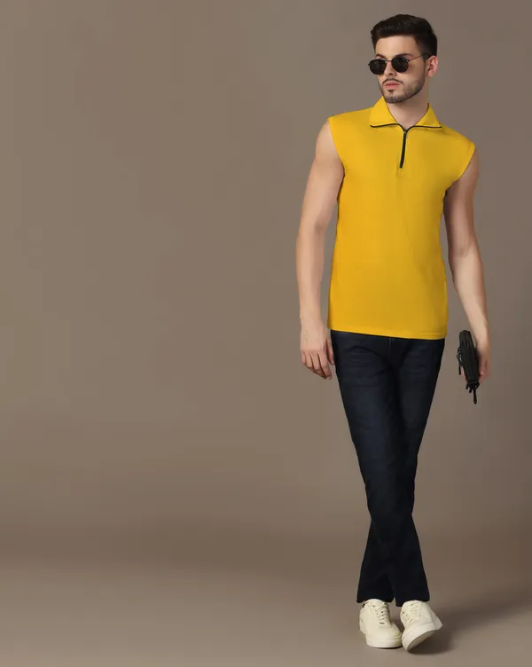 Yellow_Cotton_Blend_Polo_Neck_Sleeveless_T_Shirt_For_Men