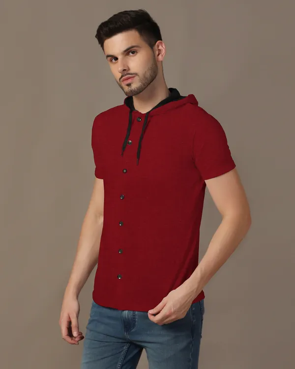 Maroon_Cotton_Blend_Hooded_Neck_Half_Sleeve_T_Shirt_For_Men