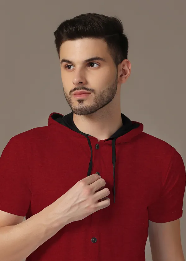 Maroon_Cotton_Blend_Hooded_Neck_Half_Sleeve_T_Shirt_For_Men