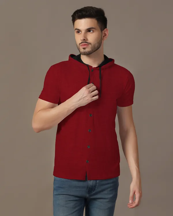 Maroon_Cotton_Blend_Hooded_Neck_Half_Sleeve_T_Shirt_For_Men