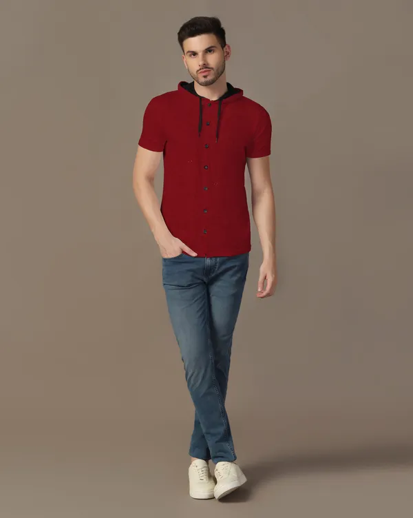Maroon_Cotton_Blend_Hooded_Neck_Half_Sleeve_T_Shirt_For_Men
