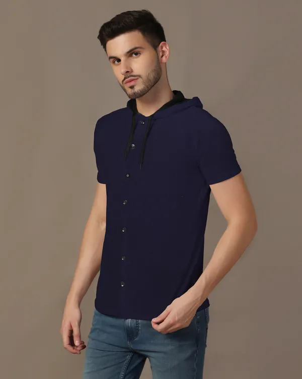 Dark_Blue_Cotton_Blend_Hooded_Neck_Half_Sleeve_T_Shirt_For_Men