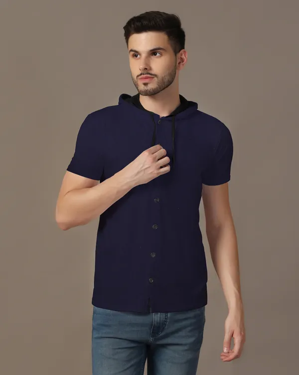 Dark_Blue_Cotton_Blend_Hooded_Neck_Half_Sleeve_T_Shirt_For_Men