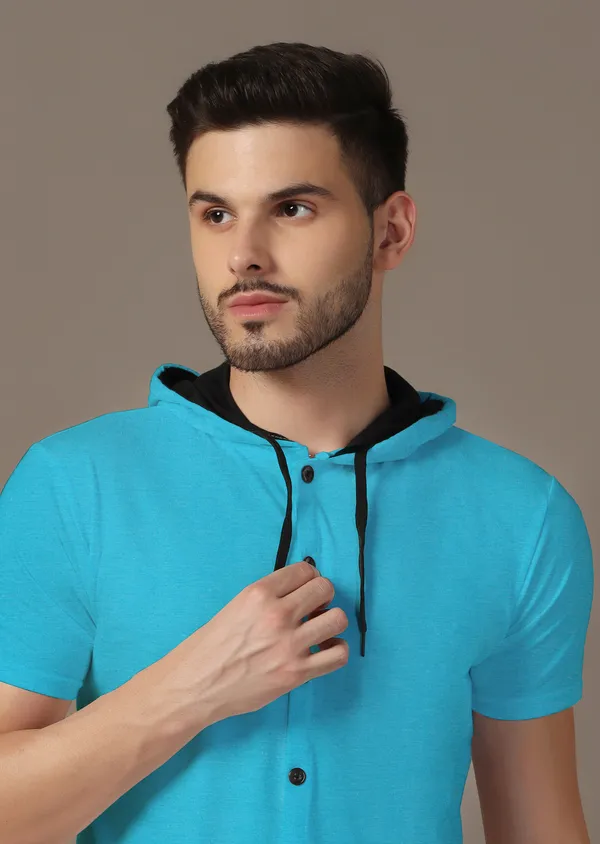 Turquoise_Cotton_Blend_Hooded_Neck_Half_Sleeve_T_Shirt_For_Men