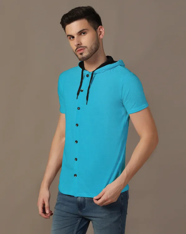 Turquoise_Cotton_Blend_Hooded_Neck_Half_Sleeve_T_Shirt_For_Men