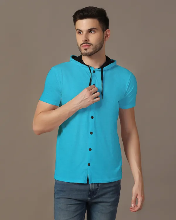 Turquoise_Cotton_Blend_Hooded_Neck_Half_Sleeve_T_Shirt_For_Men