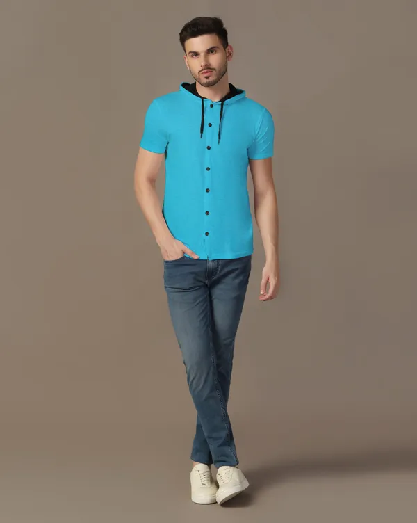 Turquoise_Cotton_Blend_Hooded_Neck_Half_Sleeve_T_Shirt_For_Men