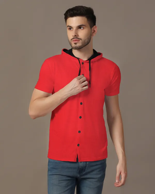 Red_Cotton_Blend_Hooded_Neck_Half_Sleeve_T_Shirt_For_Men